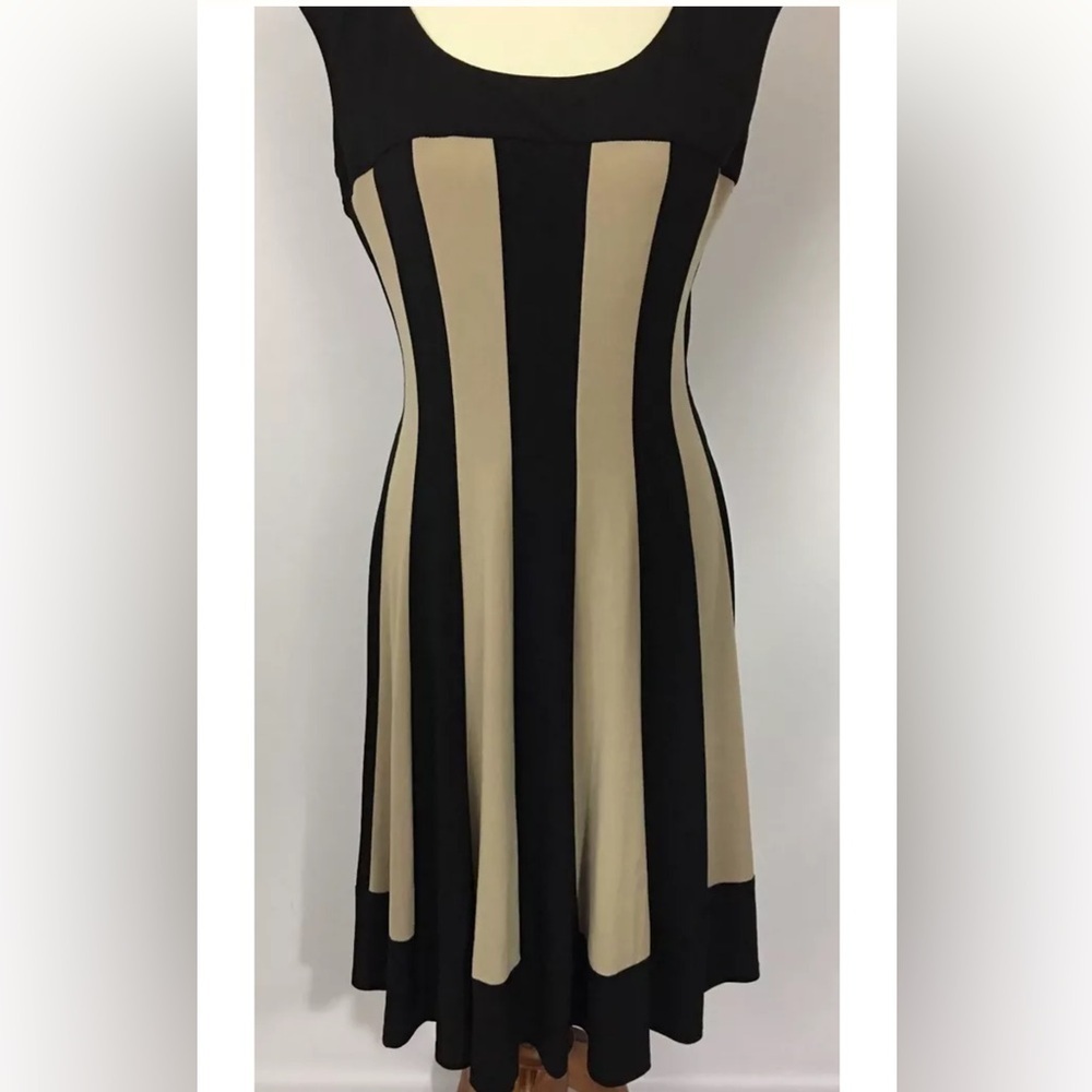 Connected Apparel Black Tan Stripe Sleeveless Shift Dress Size 8